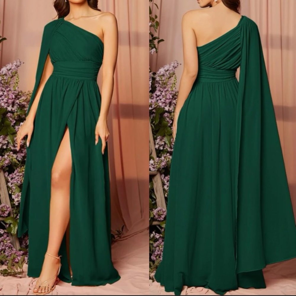 Luxe one shoulder draped detail party bridesmaids evening dress - Picture 2 of 16